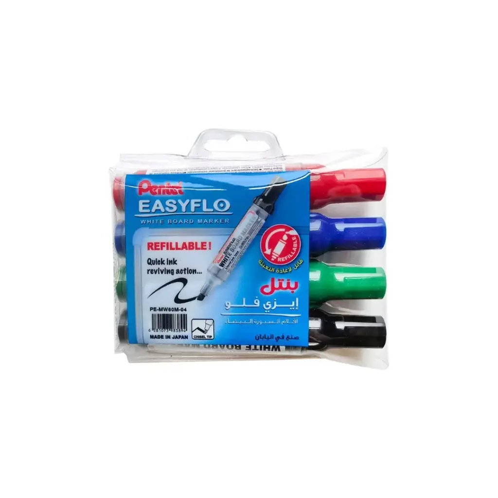 Pentel Easyflo Refillable Whiteboard Marker Wallet=4Pc