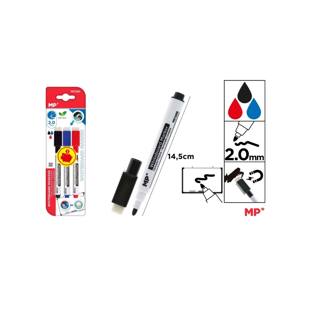MP WHITEBOARD MARKER BULLET TIP WITH ERASER (PE128C)