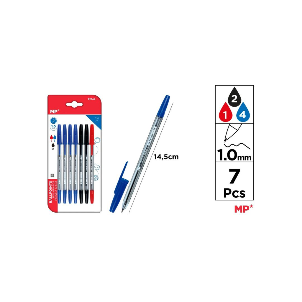 MP BALLPOINT PEN 1.0 MM 7PCS  Blue Black & Red (PE144)