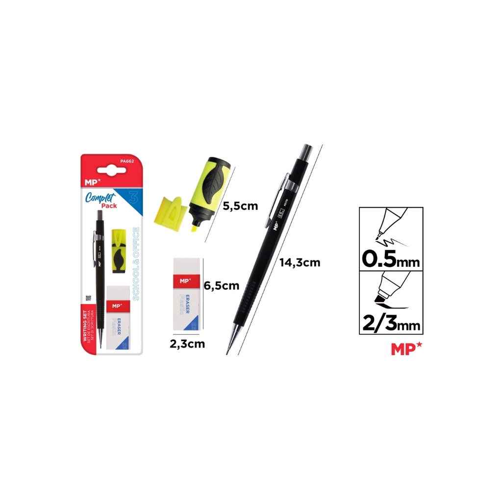 MP WRITING SET: Mechanical pencil, fluorescent marker and eraser (PA662)